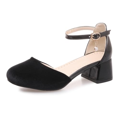 Qynthra Damen Sandalen Wildleder Knöchelriemen Blockabsatz Runde Spitze Perlenknopf Dekoration Für Arbeit Hochzeit Party Abend,Schwarz,45 EU von Qynthra