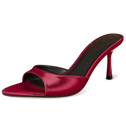 Qynthra Damen Satin Offene Zehen Mules Sandalen Spitze Zehen Stiletto Absatz Schlupfschuhe Abendkleidung Für Party Hochfest Ball Ausgehen,Burgundy,40 EU von Qynthra