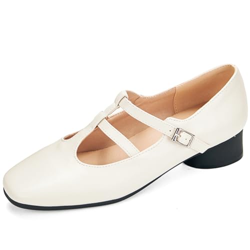 Qynthra Damen Schuhe T Riemen Mary Jane Quadratische Spitze Blockabsatz Mit Verschluss Für Büro Arbeit Alltag Spaziergänge Freizeitlook,Beige,34 EU von Qynthra