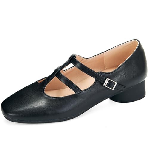 Qynthra Damen Schuhe T Riemen Mary Jane Quadratische Spitze Blockabsatz Mit Verschluss Für Büro Arbeit Alltag Spaziergänge Freizeitlook,Schwarz,37 EU von Qynthra