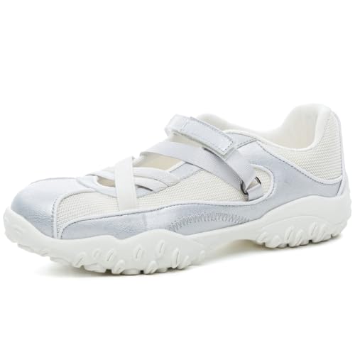 Qynthra Damen Sportliche Mesh Laufschuhe Kreuzriemen Design Leichte Plateau Mary Jane Atmungsaktiv Für Walking Joggen Training,Argent,40 EU von Qynthra