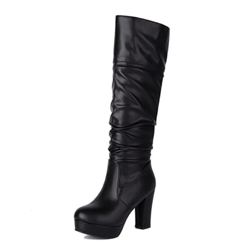 Qynthra Damen Stiefel Bis Knie Plateau Blockabsatz Mode Stiefel Für Herbst Winter Outdoor Tragen Kunstleder Mit Falten,Schwarz,38 EU von Qynthra