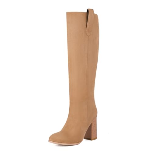 Qynthra Damen Stiefel Kniehoch Aus Wildleder Mit Blockabsatz Und Runder Spitze Für Herbst Büro Outfits Und Winter Streetstyle Bequemes Futter,Apricot,38 EU von Qynthra