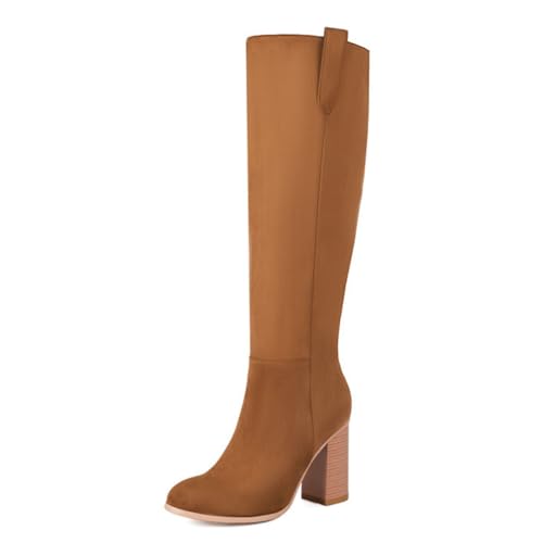Qynthra Damen Stiefel Kniehoch Aus Wildleder Mit Blockabsatz Und Runder Spitze Für Herbst Büro Outfits Und Winter Streetstyle Bequemes Futter,Braun,37 EU von Qynthra