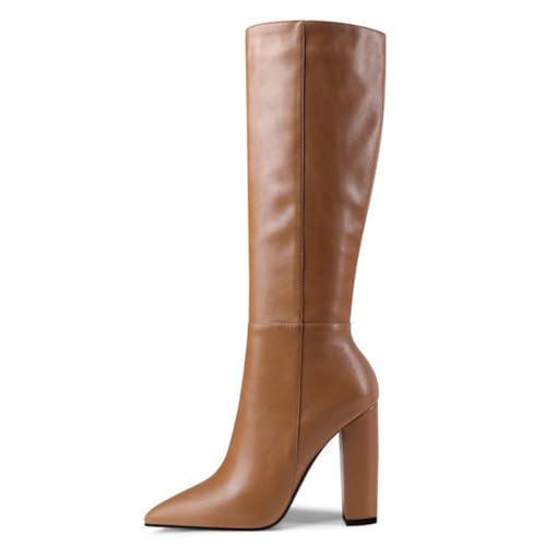 Qynthra Damen Stiefel Kniehoch Blockabsatz Spitz Zehen Lange Stiefel Für Herbst Büro Und Winter Abendbankett Kunstleder Warmes Futter,Gelb,35 EU von Qynthra