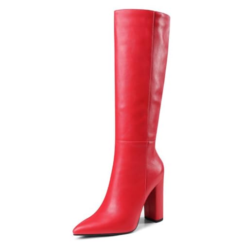 Qynthra Damen Stiefel Kniehoch Blockabsatz Spitz Zehen Lange Stiefel Für Herbst Büro Und Winter Abendbankett Kunstleder Warmes Futter,Rot,38 EU von Qynthra