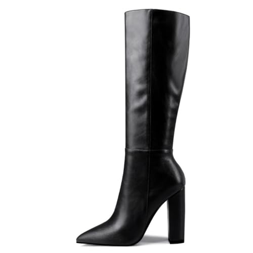Qynthra Damen Stiefel Kniehoch Blockabsatz Spitz Zehen Lange Stiefel Für Herbst Büro Und Winter Abendbankett Kunstleder Warmes Futter,Schwarz,35 EU von Qynthra