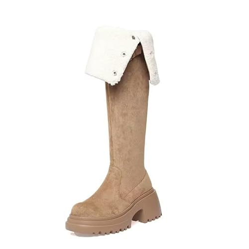 Qynthra Damen Stiefel Überknie Plateau Blockabsatz Wildleder Für Herbst Winter Streetwear Und Abendausgang Warmes Fleecefutter,Thick Khaki,39 EU von Qynthra