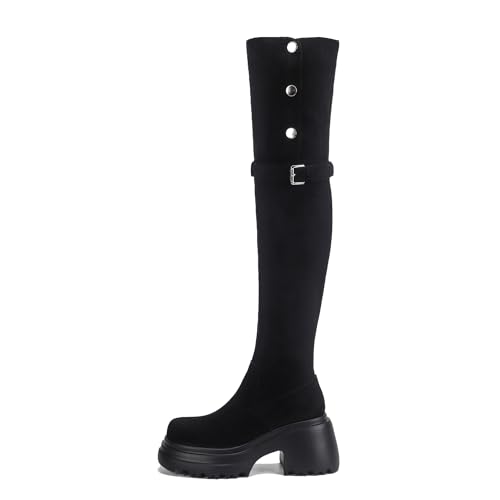 Qynthra Damen Stiefel Überknie Plateau Blockabsatz Wildleder Für Herbst Winter Streetwear Und Abendausgang Warmes Fleecefutter,Thin Black,38 EU von Qynthra