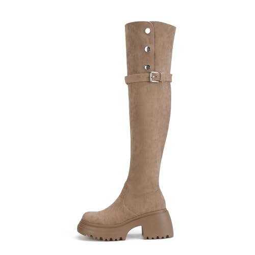 Qynthra Damen Stiefel Überknie Plateau Blockabsatz Wildleder Für Herbst Winter Streetwear Und Abendausgang Warmes Fleecefutter,Thin Khaki,37 EU von Qynthra