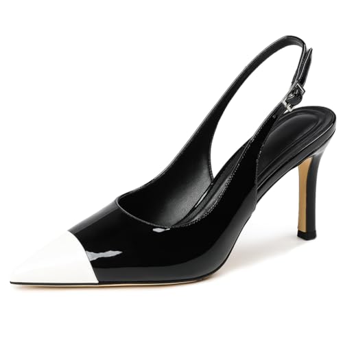 Qynthra Damen Stiletto Pumps Mit Kreuzband Spitze Lackleder Schwarz Und Weiß Für Abendkleid Büro Arbeit Formelle Anlässe,Schwarz,38 EU von Qynthra
