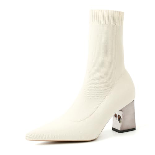 Qynthra Damen Strick Sock Boots Metall Blockabsatz Spitzem Zehen Mode Party Abend Büro,Apricot,34 EU von Qynthra