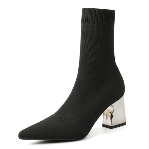 Qynthra Damen Strick Sock Boots Metall Blockabsatz Spitzem Zehen Mode Party Abend Büro,Schwarz,34 EU von Qynthra