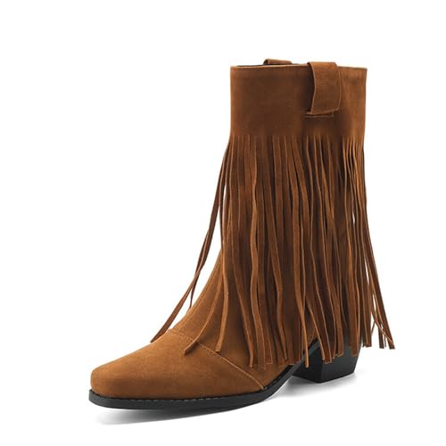 Qynthra Damen Western Stiefeletten mit Fransen, Mid-Calf, Kunstleder in Wildleder-Optik, Eckige Spitze, 6cm Absatz, Geeignet für Herbst & Winter,Braun,42 EU von Qynthra
