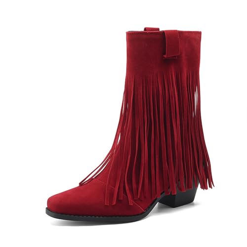 Qynthra Damen Western Stiefeletten mit Fransen, Mid-Calf, Kunstleder in Wildleder-Optik, Eckige Spitze, 6cm Absatz, Geeignet für Herbst & Winter,Rot,41 EU von Qynthra