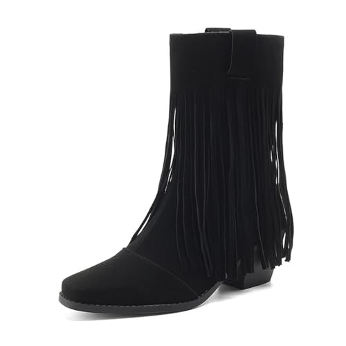Qynthra Damen Western Stiefeletten mit Fransen, Mid-Calf, Kunstleder in Wildleder-Optik, Eckige Spitze, 6cm Absatz, Geeignet für Herbst & Winter,Schwarz,37 EU von Qynthra