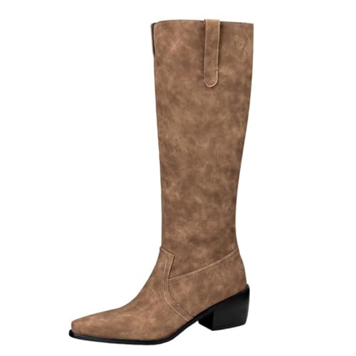 Qynthra Damen Westernstiefel Kniehohe Cowboy Stiefel Mit Blockabsatz Spitze Aus Mikrofaser Wildleder Für Abend & Cocktail Herbst Winter,Braun,40 EU von Qynthra
