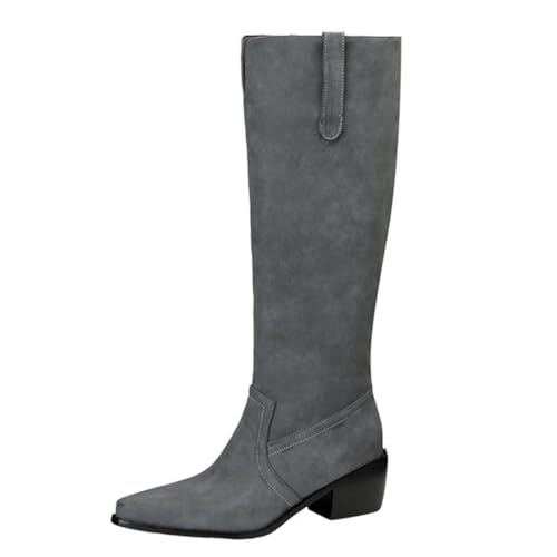 Qynthra Damen Westernstiefel Kniehohe Cowboy Stiefel Mit Blockabsatz Spitze Aus Mikrofaser Wildleder Für Abend & Cocktail Herbst Winter,Grau,40 EU von Qynthra