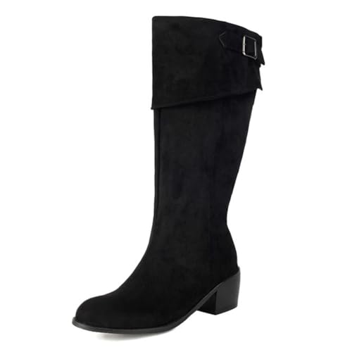 Qynthra Damen Wildlederstiefel Kniehoch Blockabsatz Runde Spitze Schnallen Detail Lange Stiefel Für Herbst Winter Streetwear & Alltag Memory Foam,Schwarz,45 EU von Qynthra