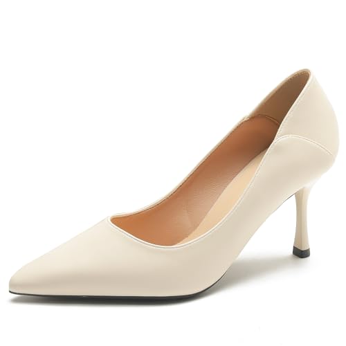 Qynthra Damenlederpumps Mit Spitzem Zehen Stiletto Absatz Klassische Formelle Schuhe Für Arbeit Büro Abend,Beige(Heel:7cm),37 EU von Qynthra