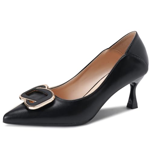 Qynthra Damenpumps Mit Spitze Aus Leder Kitten Heel Mit Goldschnalle Für Hochzeit Party Abend Büro,Black(Heel:6cm),40 EU von Qynthra