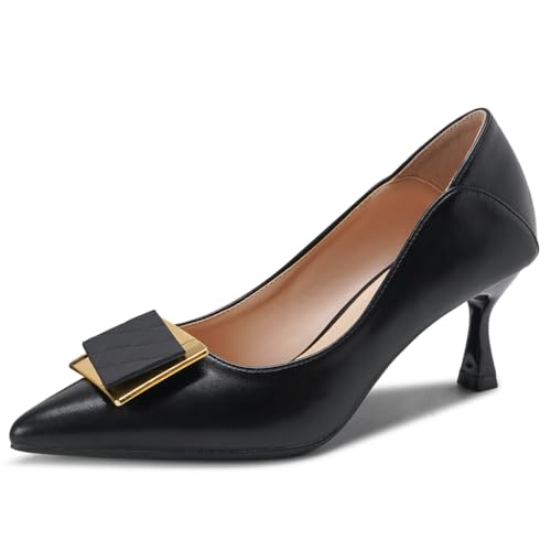 Qynthra Damenpumps Mit Spitzem Zehen Niedrigem Absatz Und Metallquadratischer Schnalle Für Hochzeit Party Büro Abend,Black(Heel:6cm),38 EU von Qynthra