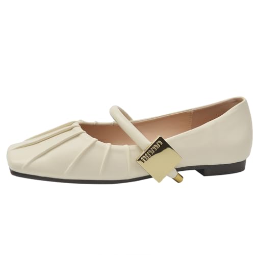 Qynthra Damens Ballerinas mit Quadratischer Spitze Leder mit Goldener Schnalle Detail und Plissiertem Frontdesign für Arbeit Büro Formelle Anlässe und Alltägliches Lässiges Gehen,Apricot,35 EU von Qynthra