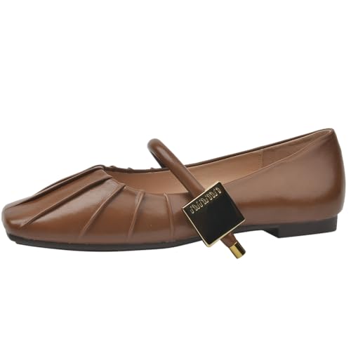 Qynthra Damens Ballerinas mit Quadratischer Spitze Leder mit Goldener Schnalle Detail und Plissiertem Frontdesign für Arbeit Büro Formelle Anlässe und Alltägliches Lässiges Gehen,Braun,42 EU von Qynthra