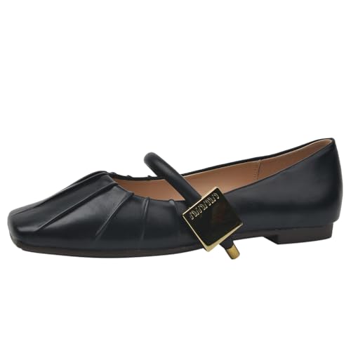 Qynthra Damens Ballerinas mit Quadratischer Spitze Leder mit Goldener Schnalle Detail und Plissiertem Frontdesign für Arbeit Büro Formelle Anlässe und Alltägliches Lässiges Gehen,Schwarz,41 EU von Qynthra