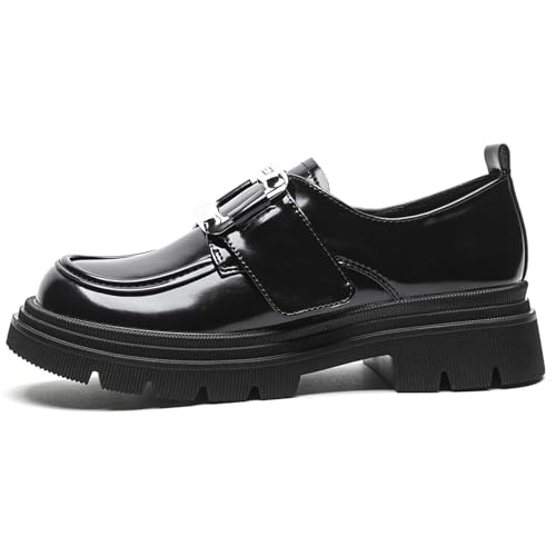 Qynthra Damenschuhe Loafers Plateau Doppelschnalle Silber Lackleder Schwarz Profilsohle Vintage Schulstil Oxford Schlupfschuhe Blockabsatz,Schwarz,41 EU von Qynthra