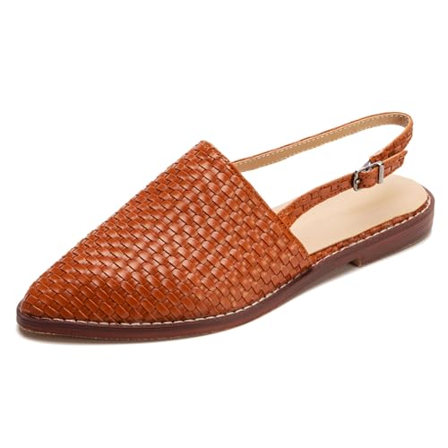 Qynthra Geflochtene Leder Slingback Mules für Damen Bequem Schlupf Niedriger Absatz Geschlossene Spitze Zehe Sandalen Boho Rückenlos Verstellbarer Riemen mit Schnalle,Amber Brown,41 EU von Qynthra