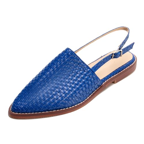 Qynthra Geflochtene Leder Slingback Mules für Damen Bequem Schlupf Niedriger Absatz Geschlossene Spitze Zehe Sandalen Boho Rückenlos Verstellbarer Riemen mit Schnalle,Blau,44 EU von Qynthra