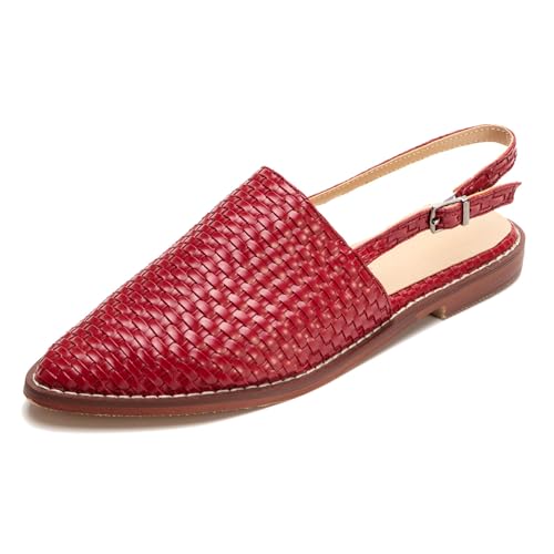 Qynthra Geflochtene Leder Slingback Mules für Damen Bequem Schlupf Niedriger Absatz Geschlossene Spitze Zehe Sandalen Boho Rückenlos Verstellbarer Riemen mit Schnalle,Burgundy,43 EU von Qynthra