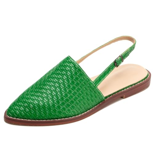Qynthra Geflochtene Leder Slingback Mules für Damen Bequem Schlupf Niedriger Absatz Geschlossene Spitze Zehe Sandalen Boho Rückenlos Verstellbarer Riemen mit Schnalle,Grün,39 EU von Qynthra
