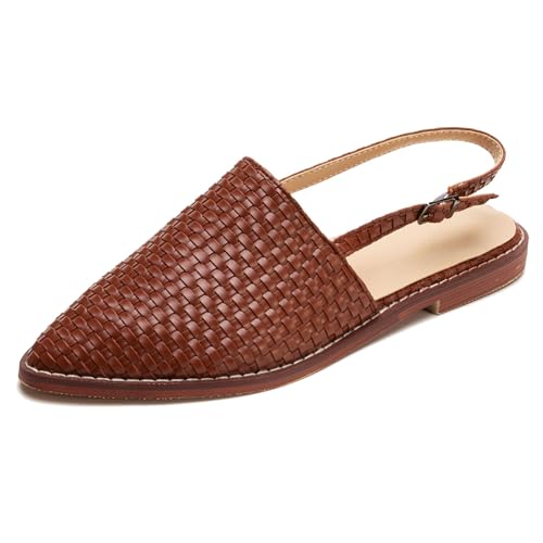 Qynthra Geflochtene Leder Slingback Mules für Damen Bequem Schlupf Niedriger Absatz Geschlossene Spitze Zehe Sandalen Boho Rückenlos Verstellbarer Riemen mit Schnalle,Mocha Brown,36 EU von Qynthra