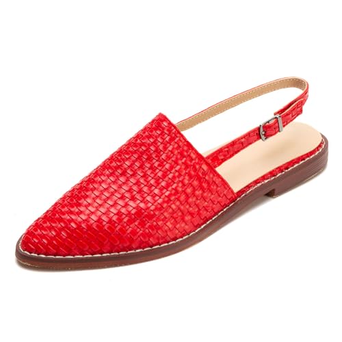 Qynthra Geflochtene Leder Slingback Mules für Damen Bequem Schlupf Niedriger Absatz Geschlossene Spitze Zehe Sandalen Boho Rückenlos Verstellbarer Riemen mit Schnalle,Rot,42 EU von Qynthra