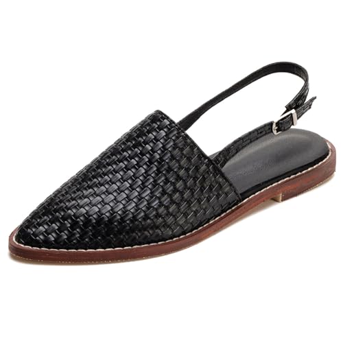 Qynthra Geflochtene Leder Slingback Mules für Damen Bequem Schlupf Niedriger Absatz Geschlossene Spitze Zehe Sandalen Boho Rückenlos Verstellbarer Riemen mit Schnalle,Schwarz,42 EU von Qynthra