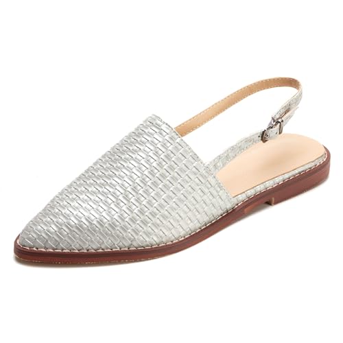 Qynthra Geflochtene Leder Slingback Mules für Damen Bequem Schlupf Niedriger Absatz Geschlossene Spitze Zehe Sandalen Boho Rückenlos Verstellbarer Riemen mit Schnalle,Silber,44 EU von Qynthra