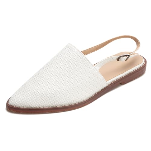 Qynthra Geflochtene Leder Slingback Mules für Damen Bequem Schlupf Niedriger Absatz Geschlossene Spitze Zehe Sandalen Boho Rückenlos Verstellbarer Riemen mit Schnalle,Weiß,34 EU von Qynthra