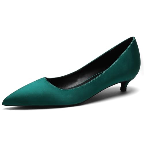 Qynthra Hochzeitsabsätze Damen Kitten Absatz Spitze Zehe Satin Pumps Für Braut Und Zeremonie Klassische Schleifendetail Bequeme Einlegesohle,Grün,41 EU von Qynthra