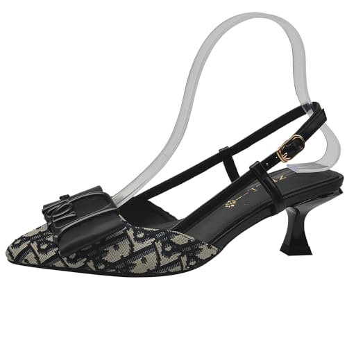 Qynthra Kitten Absatz Pumps Damen Spitze Geschlossene Zehen Slingback Schlupf Schwarz Spitze Muster Schleife Detail für Büro Hochzeit Party und Formelle Anlässe,Schwarz,41 EU von Qynthra