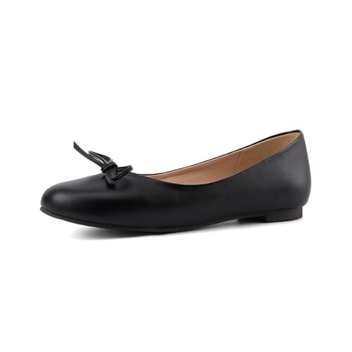 Qynthra Klassische Ballerinas mit Rundem Zeh und Schleifendetail für Damen Bequeme Freizeitschuhe Schlupf für Tägliches Gehen Büro und Freizeit,Pu Black,43 EU von Qynthra