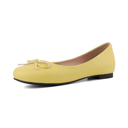 Qynthra Klassische Ballerinas mit Rundem Zeh und Schleifendetail für Damen Bequeme Freizeitschuhe Schlupf für Tägliches Gehen Büro und Freizeit,Pu Yellow,47 EU von Qynthra