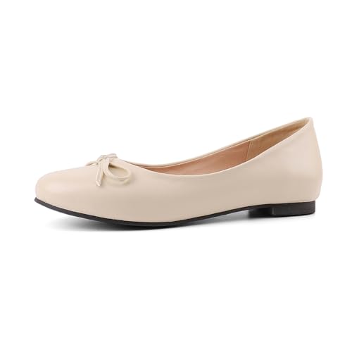Qynthra Klassische Ballerinas mit Rundem Zeh und Schleifendetail für Damen Bequeme Freizeitschuhe Schlupf für Tägliches Gehen Büro und Freizeit,Pu beige,38 EU von Qynthra