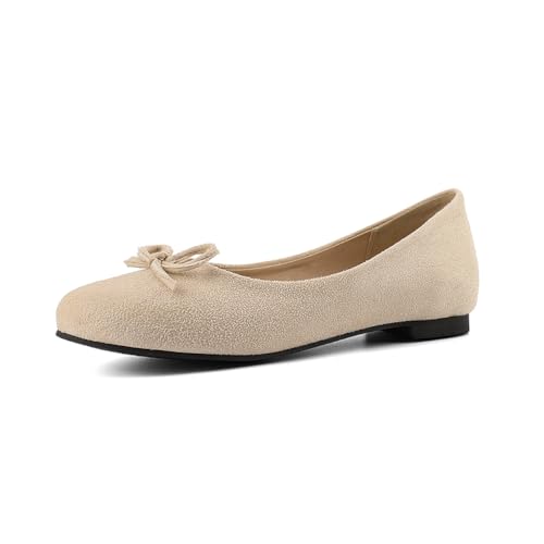 Qynthra Klassische Ballerinas mit Rundem Zeh und Schleifendetail für Damen Bequeme Freizeitschuhe Schlupf für Tägliches Gehen Büro und Freizeit,Suede beige,48 EU von Qynthra