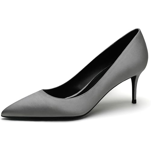 Qynthra Klassische Satin Pumps Damen mit Spitzer Zehn Stiletto Absatz Mittelhoher Kitten Heel für Hochzeit Party Abendkleid Formelle Anlässe und Besondere Ereignisse,Silber,40 EU von Qynthra