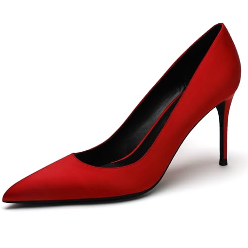 Qynthra Klassische Satin Pumps Damen mit Spitzer Zehn Stiletto Absatz Party Hochzeit Schlupf für Abendkleid Formelle Anlässe Büro und Besondere Ereignisse,Big red,34 EU von Qynthra