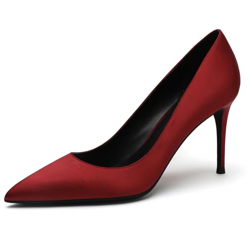 Qynthra Klassische Satin Pumps Damen mit Spitzer Zehn Stiletto Absatz Party Hochzeit Schlupf für Abendkleid Formelle Anlässe Büro und Besondere Ereignisse,Burgundy,41 EU von Qynthra