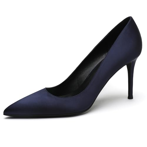 Qynthra Klassische Satin Pumps Damen mit Spitzer Zehn Stiletto Absatz Party Hochzeit Schlupf für Abendkleid Formelle Anlässe Büro und Besondere Ereignisse,Dark Blue,38 EU von Qynthra
