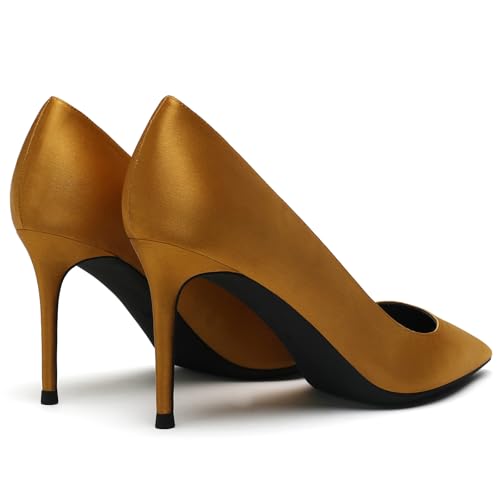 Qynthra Klassische Satin Pumps Damen mit Spitzer Zehn Stiletto Absatz Party Hochzeit Schlupf für Abendkleid Formelle Anlässe Büro und Besondere Ereignisse,Gelb,38 EU von Qynthra